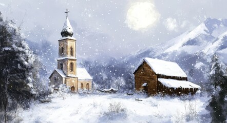 Vintage Church Art: An Old World Landscape of a Snowy Christmas in a Historic City
