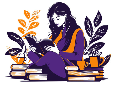 Serene Reader with Literary Companions: A young woman finds solace in the world of literature, immersed in a book amidst the gentle embrace of plants, and inviting one to reflect.