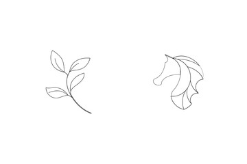 Minimalist line art illustration featuring a branch with leaves and a stylized seahorse head