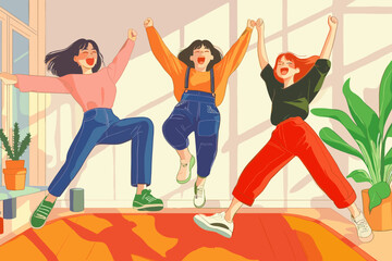 Fototapeta premium Joyful trio leaps: three young woman jump for joy, arm raised, surrounded by home furnishing. Capture the pure emotion of happiness, and unity.