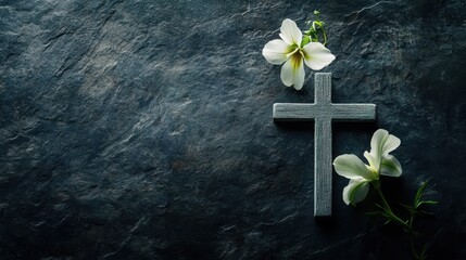 Christian Funeral: Remembrance of Good Friday with Cross and Flowers on Dark Stone Background
