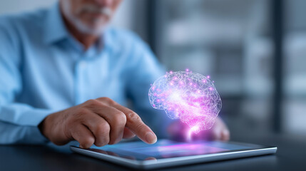Businessman interacting with a digital tablet displaying a glowing AI brain hologram, symbolizing artificial intelligence and innovation.
