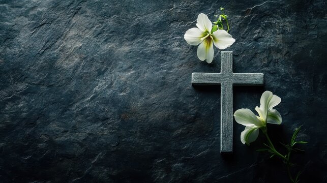 Christian Funeral: Remembrance of Good Friday with Cross and Flowers on Dark Stone Background
