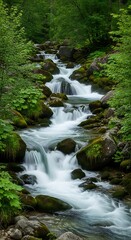 Obraz premium Serene cascading waterfall in lush green forest