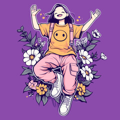 Joyful Spirit: A young, vibrant individual soars through the air, embodying boundless optimism, adorned with a floral embrace in a stunning digital illustration.