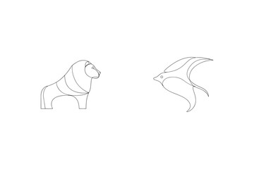 Minimalist one line silhouette of lion and bird symbolic design for conceptual illustrations
