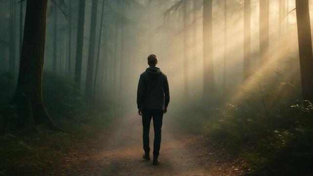 Man walking on a forest path with sun rays