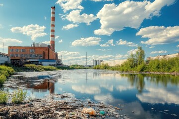 Obraz premium Industrial Water Pollution: The Impact of Chemical Dumping on River Ecology and Canal Corrosion