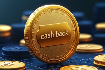 Cash back incentive emblem featuring a golden coin on a dark background