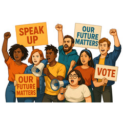 Diverse Youth Activists Holding Protest Signs Together
