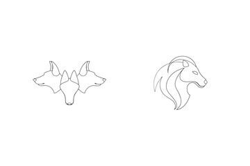 Stylized one line drawings of a mythical three headed dog and a majestic lion