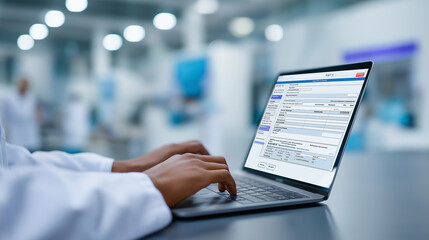 Close-up of a person typing on a laptop with a holographic data stream overlay, symbolizing digital innovation.
