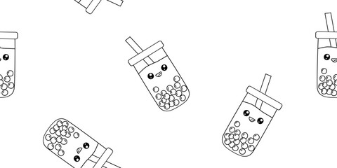 Seamless pattern with cute smiling Kawaii style bubble tea cups, vector