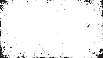 Grungy Black Ink Splatter Border on White Background. Black spots scattered across the white surface. Ink dots. 