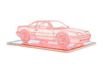 3D hologram of a vintage sports car displayed on a smartphone screen on transparent background, PNG