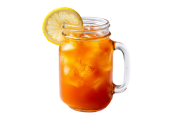 A delicious iced tea with a slice of lemon in a classic mason jar.