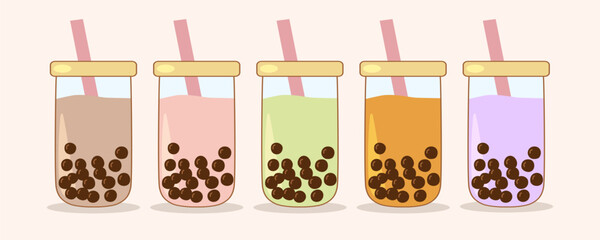 Different flavors of refreshing bubble tea showing tapioca pearls and straws in takeaway cups