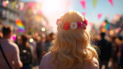 Back view of a woman with a colorful flower crown attending a vibrant pride parade filled with rainbow flags.
