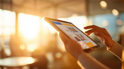 Close-up of hands using a tablet with bright sunlight in the background.
