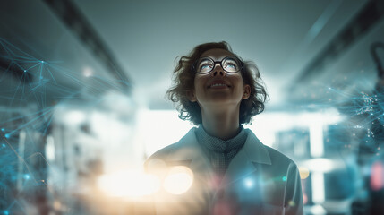 Smiling scientist in lab coat looking inspired in a digital research environment with glowing data visuals.
