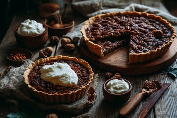 A beautifully styled shot of two delicious pecan pies with cream on a wooden surface.