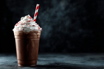 A refreshing peppermint mocha with whipped cream and candy canes served in a clear cup.