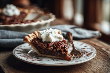 A delectable slice of pecan pie, topped with whipped cream, ready to be enjoyed on a floral plate.