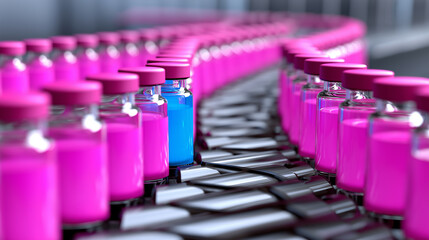 Obraz premium One blue vial stands out among many identical pink vials on a pharmaceutical production line. 