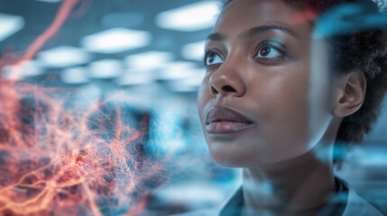 Confident female scientist analyzing neural data in a high-tech lab environment.

