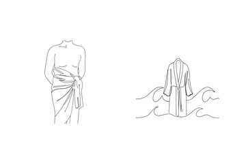 Minimalist line art depicting a person wrapped in a sarong and robe in waves