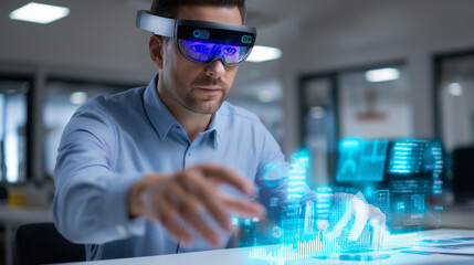 Focused man using augmented reality headset to interact with holographic data projections in an office environment.

