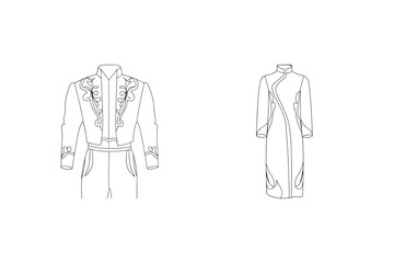 Elegant line art outlines of fashionable women's clothing designs for apparel collections