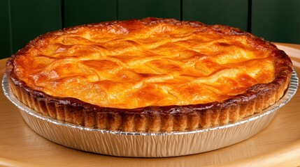 Golden Brown Apple Pie with Lattice Crust on Wooden Surface