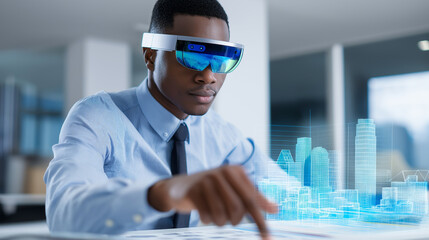 Architect using augmented reality headset to interact with a 3D holographic model of a city in an office.
