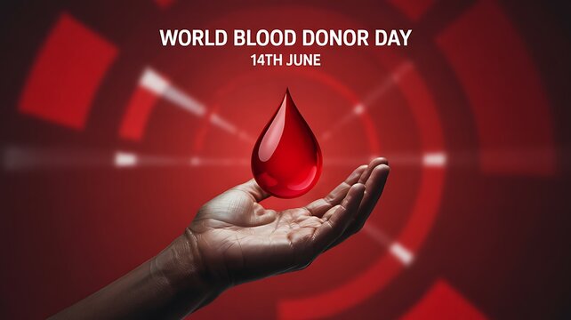 A hand holding a blood drop against a red background for world blood donor day