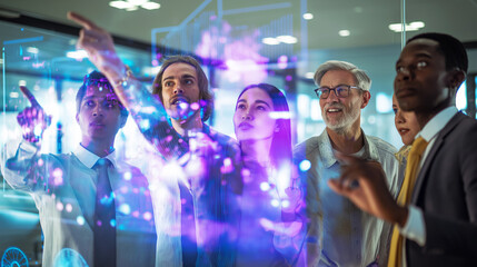 Multiracial business team discussing data projected on a futuristic digital screen.
