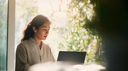 Focused woman working on a laptop at home with natural light and greenery in background.

