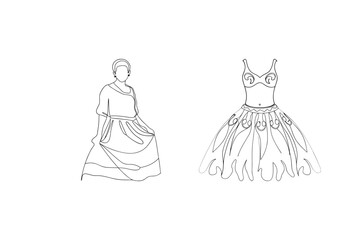 Minimalist line drawing illustration of a woman wearing a dress and a stylish gown