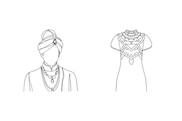 Elegant black and white outlines of an indian gentleman and detailed traditional garment