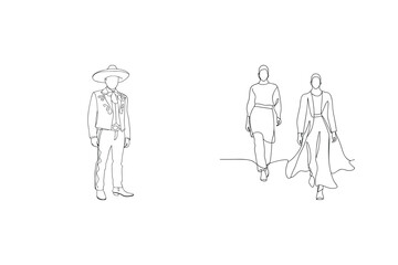 Elegant line art depicting fashion runway show with mexican charro and models