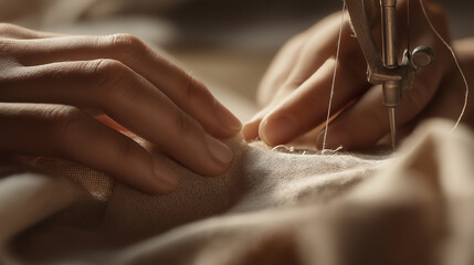 Close-up of hands sewing fabric with a sewing machine under warm light.
