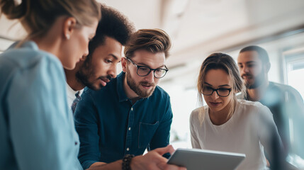 Obraz premium Focused group of diverse professionals collaborating on a project in a modern office setting. 
