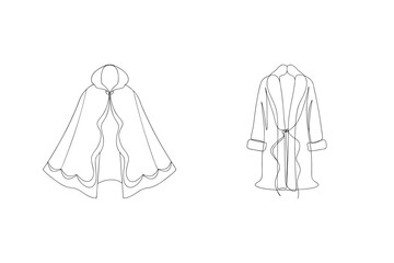 Elegant outline illustrations of a cape with hood and a long fur trimmed coat