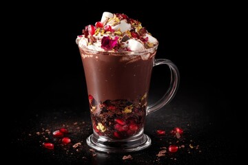 A visually stunning hot chocolate with pomegranate, marshmallows, and rose petals is served.
