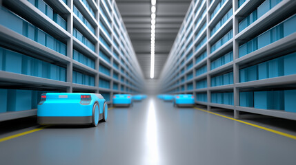 Obraz premium Autonomous delivery robots transporting packages through a high-tech automated warehouse aisle. 