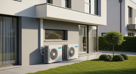 Two heat pump units installed outside a modern house. Energy efficient heating system for ecological home.