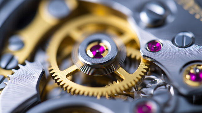 Extreme close-up of a luxury mechanical watch showcasing intricate gears and golden hands.
