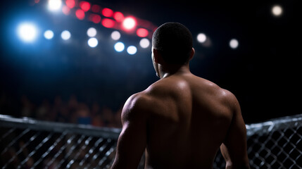 Muscular MMA fighter standing inside a cage under bright arena lights viewed from behind.

