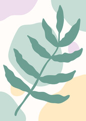 Minimalist boho illustration with green leaf and pastel colored abstract shapes, vector