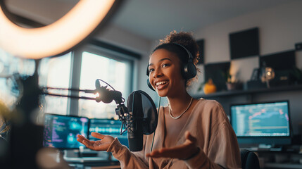Confident young woman speaking into a microphone with ring light and computer screens in a creative home studio.
